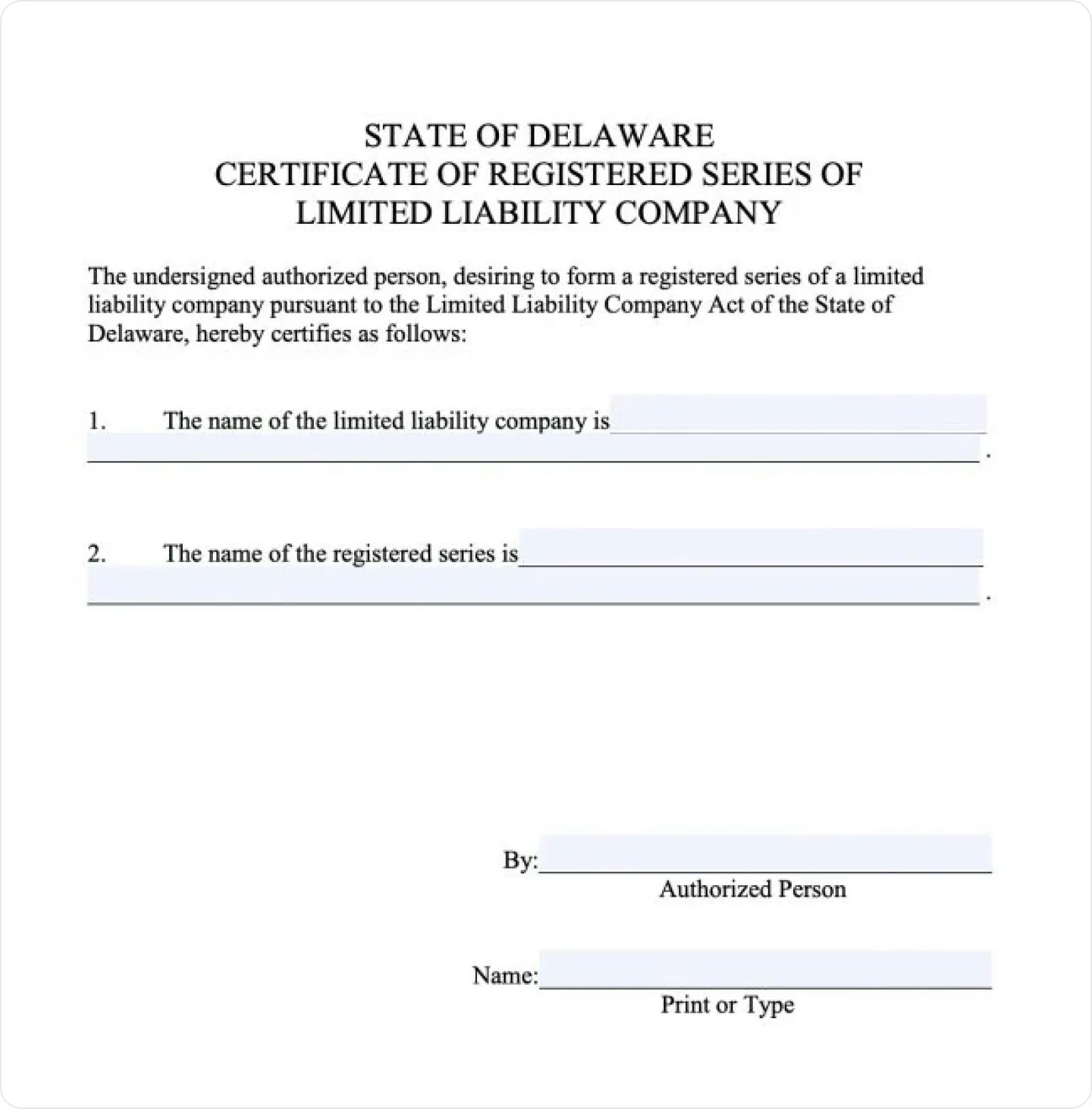 State of Delaware Certificate od registered series of LLC
