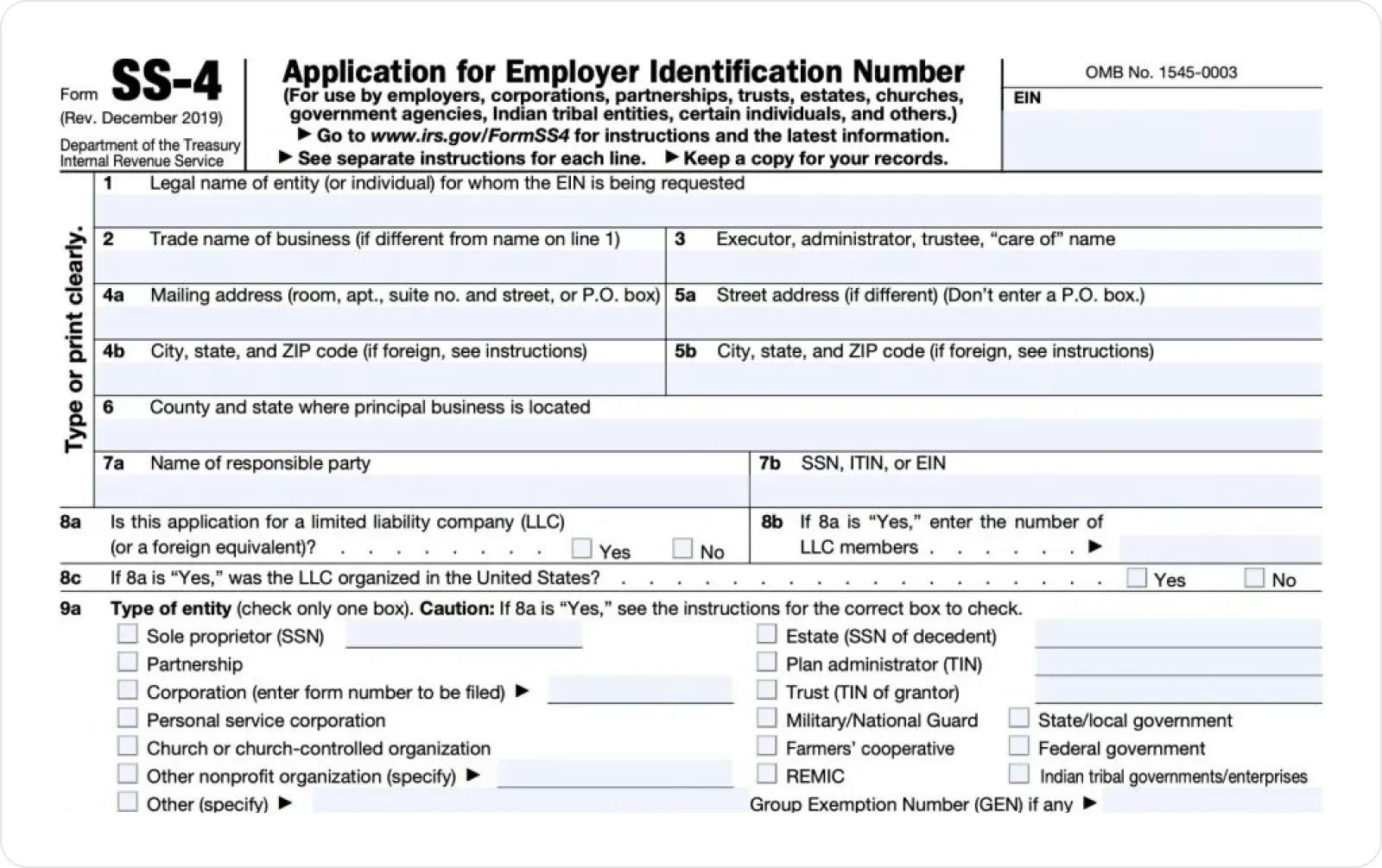 SS-4 Application for Employer Identification Number form