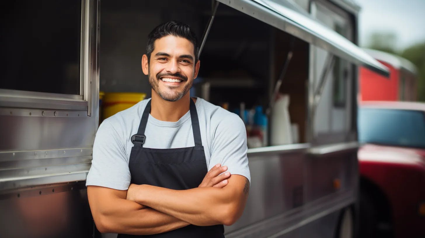 Smiling man in front of the foodtruck
