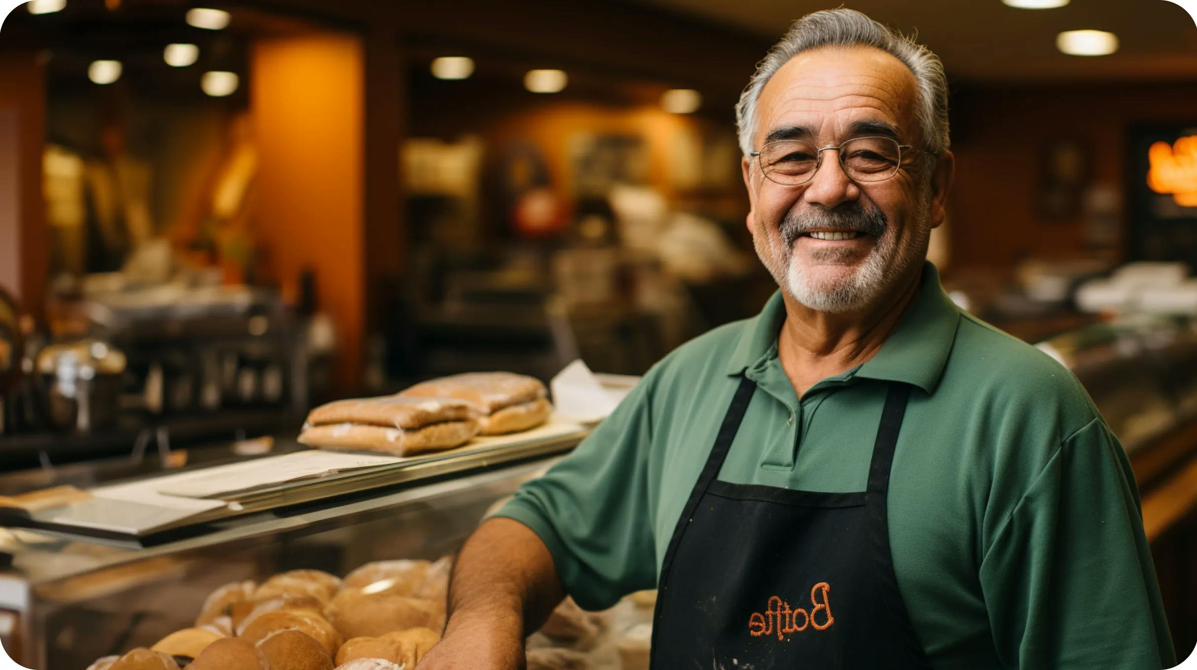 An old baker standing in a bakery