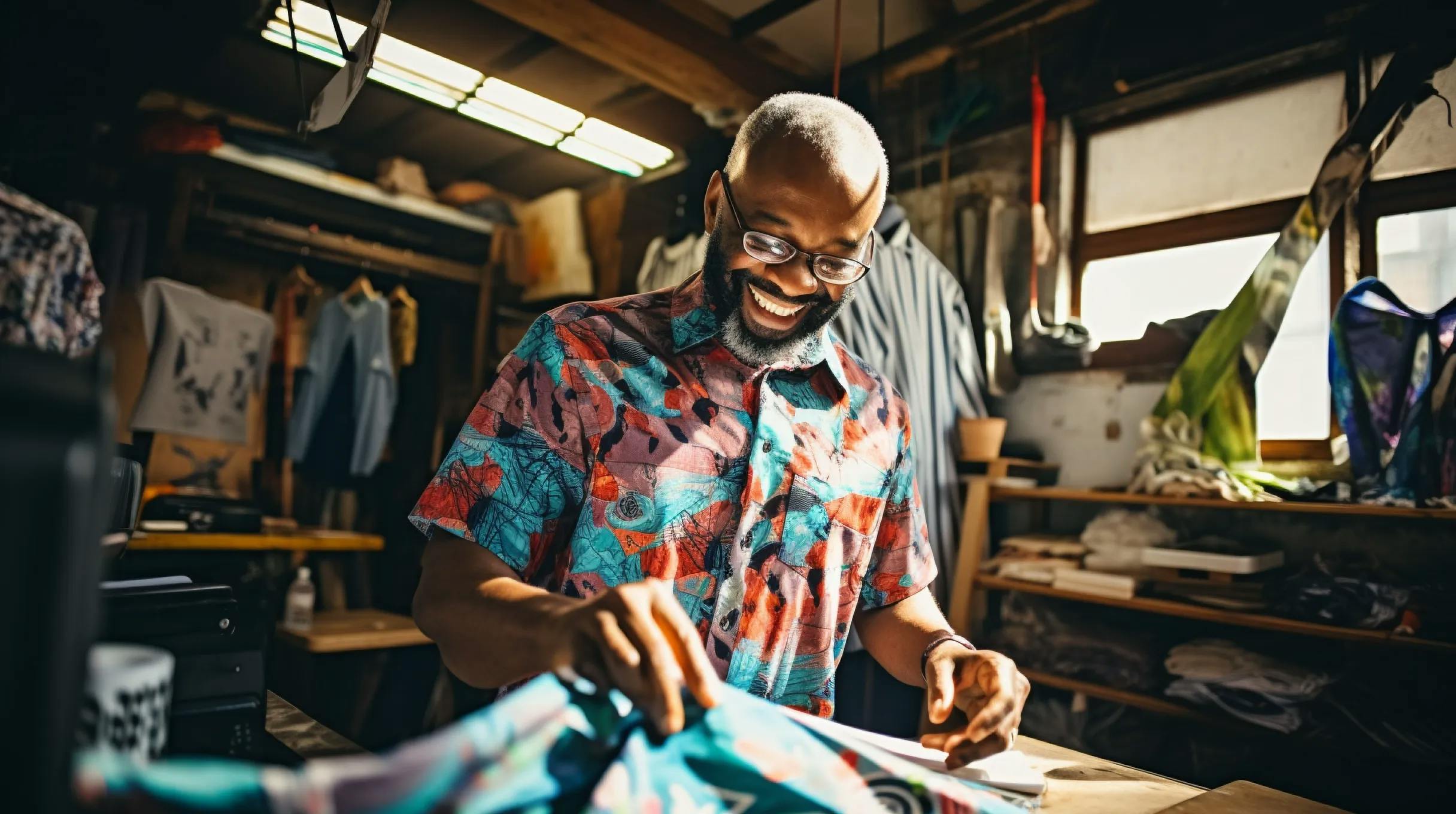 Man working in a textile workshop