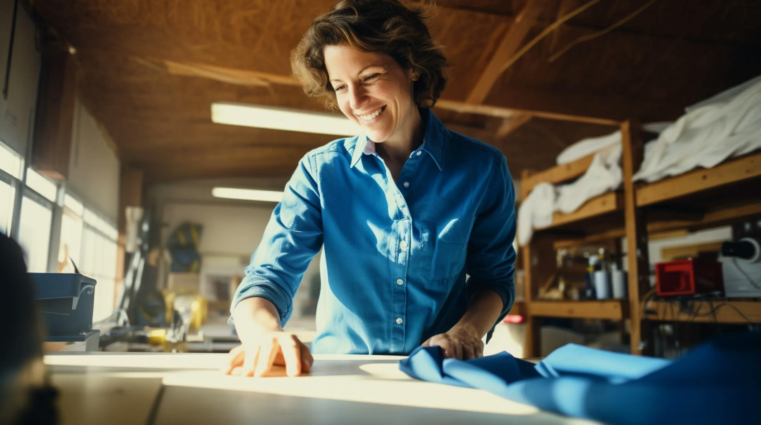 A woman in a blue shirt skillfully crafting fabric with focused determination.
