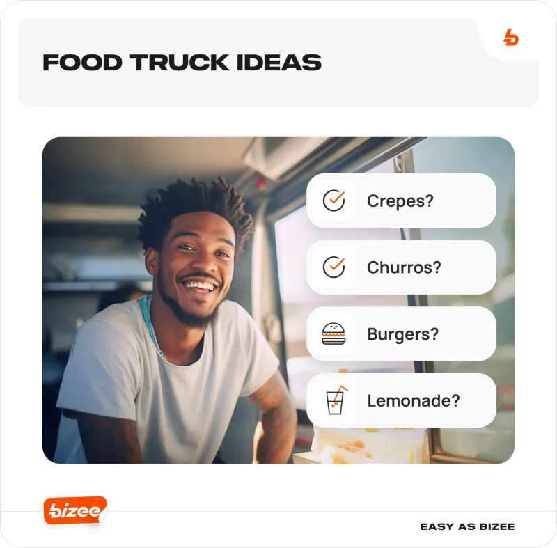 Man inside the foodtruck. Food truck ideas, crepes, churros, burgers, lemonade